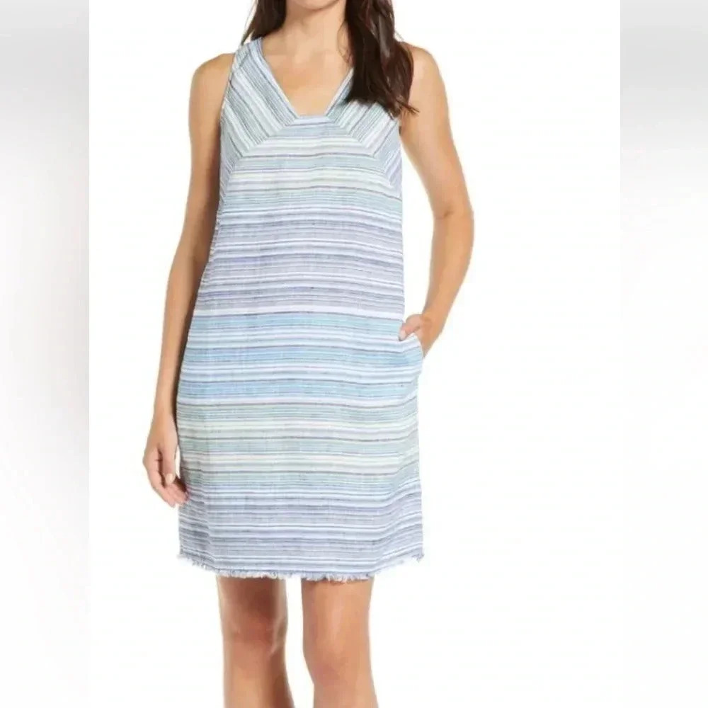Tommy Bahama 100% Linen Dress XS Micronesia Stripe Sleeveless Shift With Pockets